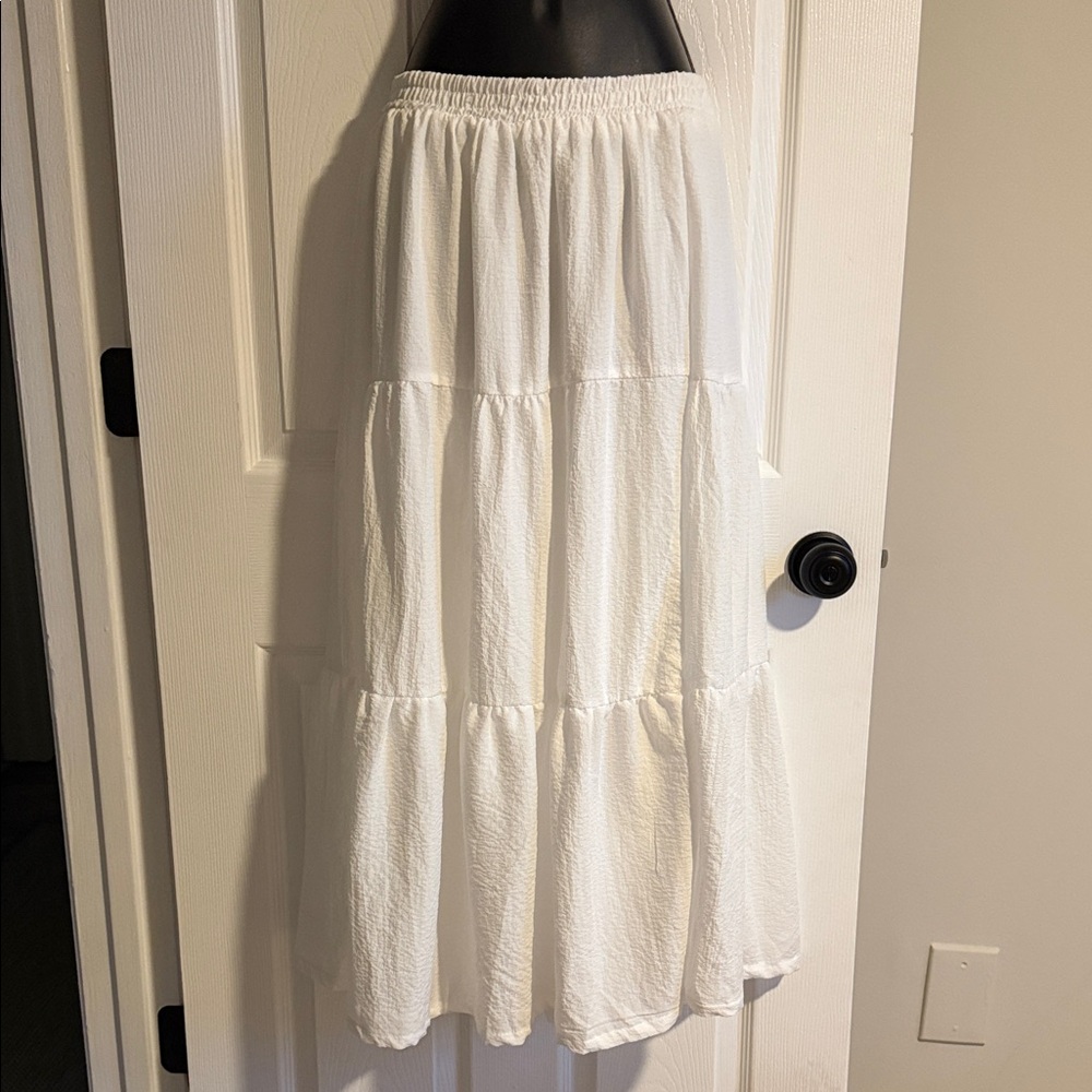 Women's White Tiered Maxi Skirt with Elastic Waist